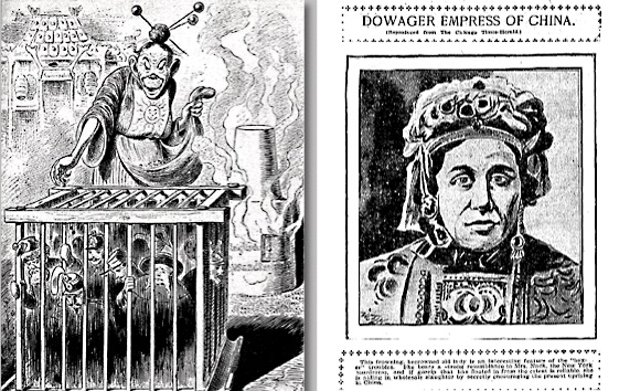 （左圖）Kikeriki, 第97期, 1900年6月12日（奧地利）標題：「這個很乖的中國皇后正在認真守衛宮殿中的最深祕境，那裡有著權力的象徵。所以，這到底是什麼意思？」  （右圖）Atlanta Constitution, 1900年6月（美國）標題：「這位皺眉、身穿黃袍的老女人在義和團事件中扮演非常微妙的角色。她與紐約女殺手納克夫人非常相似。如果從東方飄來的八卦消息是可靠的，這正是中國大屠殺的秘密煽動者。」