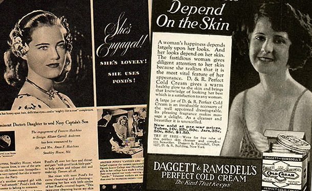 左：旁氏冷霜雜誌廣告（1945）右：Ragget & Ramsdell 雜誌廣告（1922） 