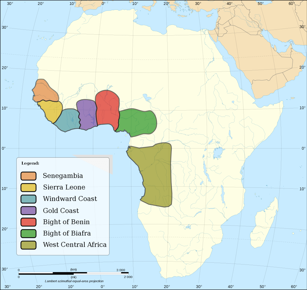（輸出奴隸的非洲地區。圖片來源：http://upload.wikimedia.org/wikipedia/commons/thumb/7/71/Africa_slave_Regions.svg/2000px-Africa_slave_Regions.svg.png）