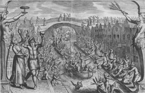 雖然西班牙軍隊將萊頓城團團圍住，但奧倫治親王率領的反抗軍，亦從外圍試圖解救，並利用決堤的方式，將海水導入低窪地區展開水路攻擊（圖中的 Leyden 為古荷蘭文的萊頓拼法）。終於，1574 年 10 月 3 日清早，反抗軍順利進入城內解放萊頓市民。（圖片來源：http://www.geheugenvannederland.nl/?/nl/items/RIJK04:RP-P-OB-79.567）