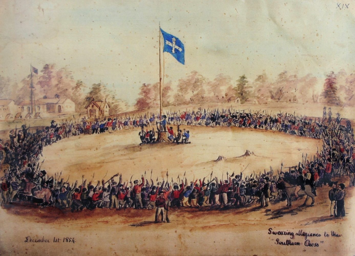 尤利卡革命著名的宣示場景 Swearing allegiance to the Southern Cross 1854. Charles Doudiet. Courtesy Art Gallery of Ballarat (http://en.wikipedia.org/wiki/Charles_Doudiet)