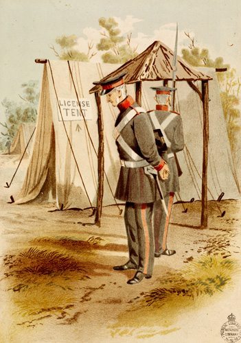 礦區「採礦權證頒發處」帳篷一景 Licensing tent, 1853-1874, by Samuel Thomas Gill (http://www.sl.nsw.gov.au/discover_collections/history_nation/gold/victoria/eureka.html)