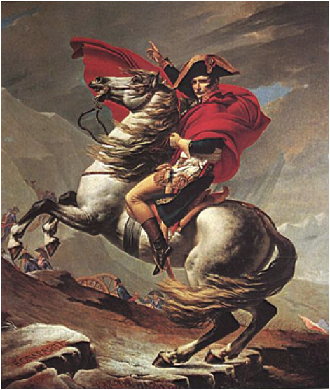拿破崙乘馬度過阿爾卑斯山的畫像。所有人都知道他其實騎的是頭驢子。 