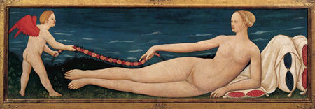 Inner lid from a cassone with Venus reclining on pillows, 50.8x170 cm., 1440-45, Florence, Bellini Museum