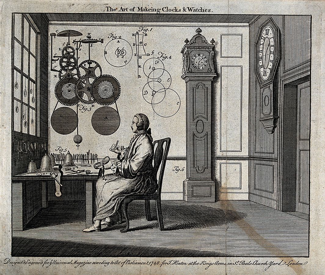 1064px-Clocks;_a_watch-maker_seated_at_his_workbench_with_a_long-ca_Wellcome_V0023855