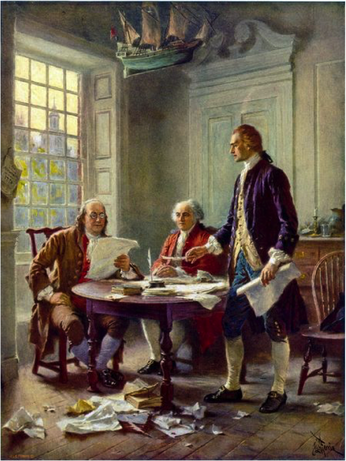 美國建國先賢討論《獨立宣言》的景況，由左至右為：富蘭克林、約翰．亞當斯與傑佛遜。 