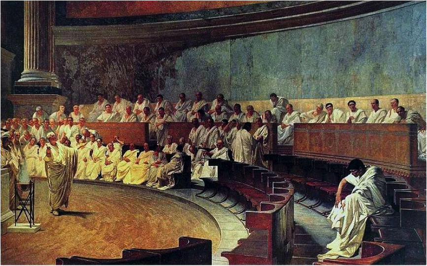 羅馬元老院議事的景況。畫中西塞羅正向元老院揭發喀提林叛變的陰謀。 