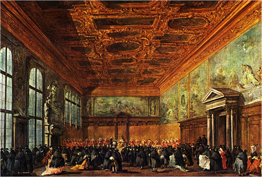 這幅十八世紀的油畫，繪出黃金國度議政的情況。 