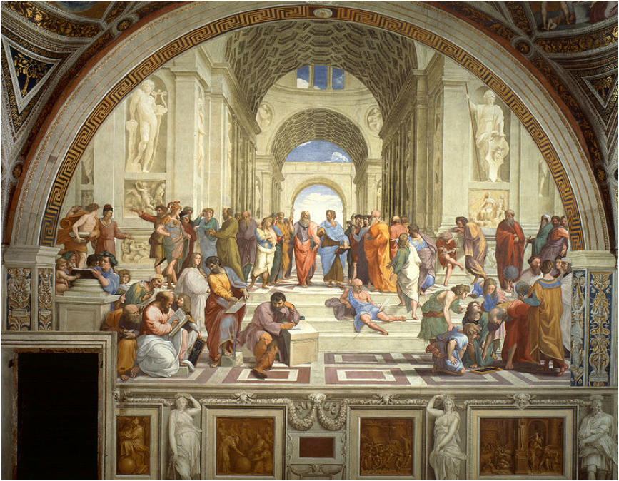 文藝復興時拉斐爾所繪的濕壁畫《雅典學園》，壁畫中央的兩人，就是柏拉圖與亞里斯多德。 