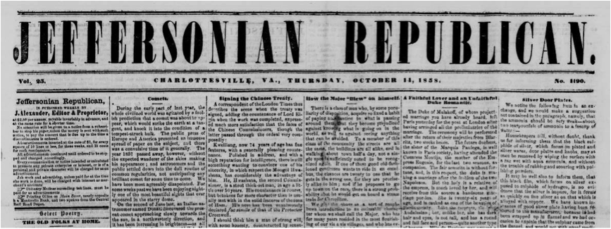 一直到傑佛遜逝世二十餘年後，美國的報紙仍究討論著「傑佛遜式共和」。資料來源：http://www.virginiamemory.com/blogs/fit-to-print/files/2013/08/Jeffersonian-Republican.jpg 