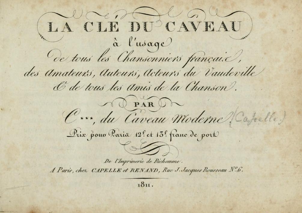 « La clé du Caveau 1811 » par Capelle — Livre ancien. Sous licence Domaine public via Wikimedia Commons.
