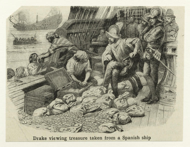 ▲海盜德瑞克正在檢視從西班牙船隻上搶來的財寶。圖片來源