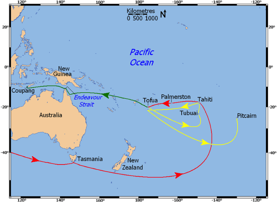 紅色是「慷慨號」原本的航行路線；Tofua是叛變後，船長威廉被迫「流放」的地點；綠色是船長威廉6500公里水上體能測試的路線，黃色則是中尉佛萊契等人的逃兵路線，最後逃到Pitcairn。圖片來源：維基百科