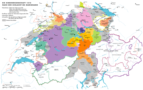 改革的風潮分裂了基督信仰王國。這是瑞士諸省聯邦於十六世紀的地圖，中部的幾個省份：Luzern, Zug, Uri, Schwyz與Unterwalden因為拒絕加入改革，自組聯盟反對改革派省份的入侵，同時也希望征服改革派的省份。