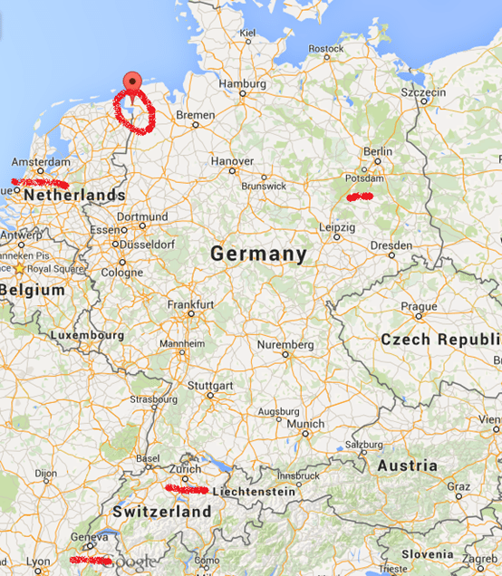 地圖中圈起的地方就是埃姆登，紅線標示的，是宗教改革期間幾個重要市鎮。於柏林與萊比錫中間的地方，則是維騰貝格。