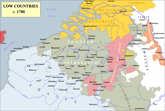 尼德蘭的南北分裂，持續到十八世紀。圖為十八世紀尼德蘭地區的勢力分布。