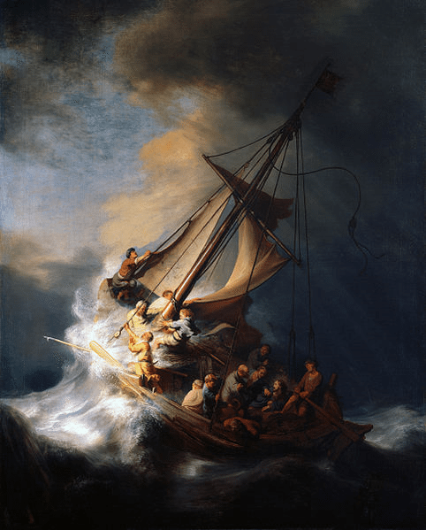 尼德蘭畫家林布蘭，於1633年，以《馬可福音》為本所繪，敘述耶穌施展神蹟，於加利利海召喚風暴。