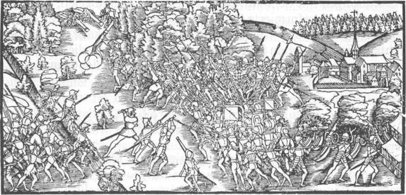 蘇黎世軍隊於1531戰敗的情景。茲文利的屍體被天主教省份帶回，以異端之姿焚化。