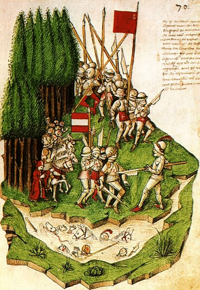 里奧帕德率軍進入阿爾卑斯山區，試圖以武力鞏固哈布斯堡家族對阿爾卑斯山省份的控制，卻被當地自衛聯盟擊退。當時原本屬於哈布斯堡家族統治的省份，在1315年出兵抵禦里奧帕德。有一說是，當地居民仍忌憚十幾年前艾爾布雷特的野心，擔憂哈布斯堡家族奪取當地的自治權。但更有可能的說法是，里奧帕德的進軍，威脅了當地省份的和平，因此引來聯盟的反擊。