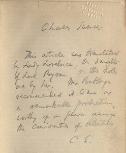 題字內容如下：「本文由拜倫勛爵的女兒、勒夫雷思夫人翻譯，所有的譯註也出自於她之手。巴貝奇先生建議……C. S. (Chalres Sumner)」This article was translated by Lady Lovelace, the daughter of Lord Byron. Mr. Babbage recommended…