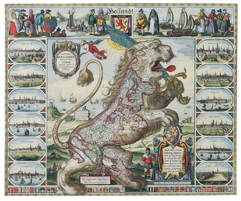這幅畫成獅子形狀的地圖，其目的是強調十七世紀的尼德蘭在商業和文化上的偉大。這種地圖稱為荷蘭獅子地圖，最早印行於一五八○年，現在變得很稀少了。 　出處：出自《蒙塵繆斯的微光：從古代到啟蒙時代，在思想及科學發展中發光的博學女　性》原書內容。 