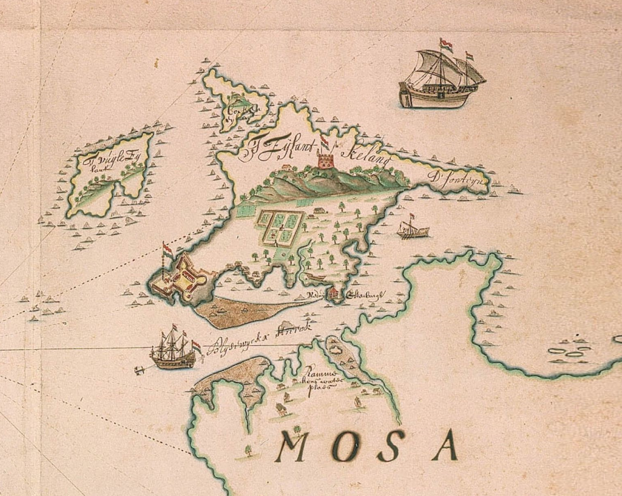 3.一六五○年荷蘭人繪製的地圖，和平島上有西班牙所築的La Mira 堡壘。（圖源：海牙國家檔案館）