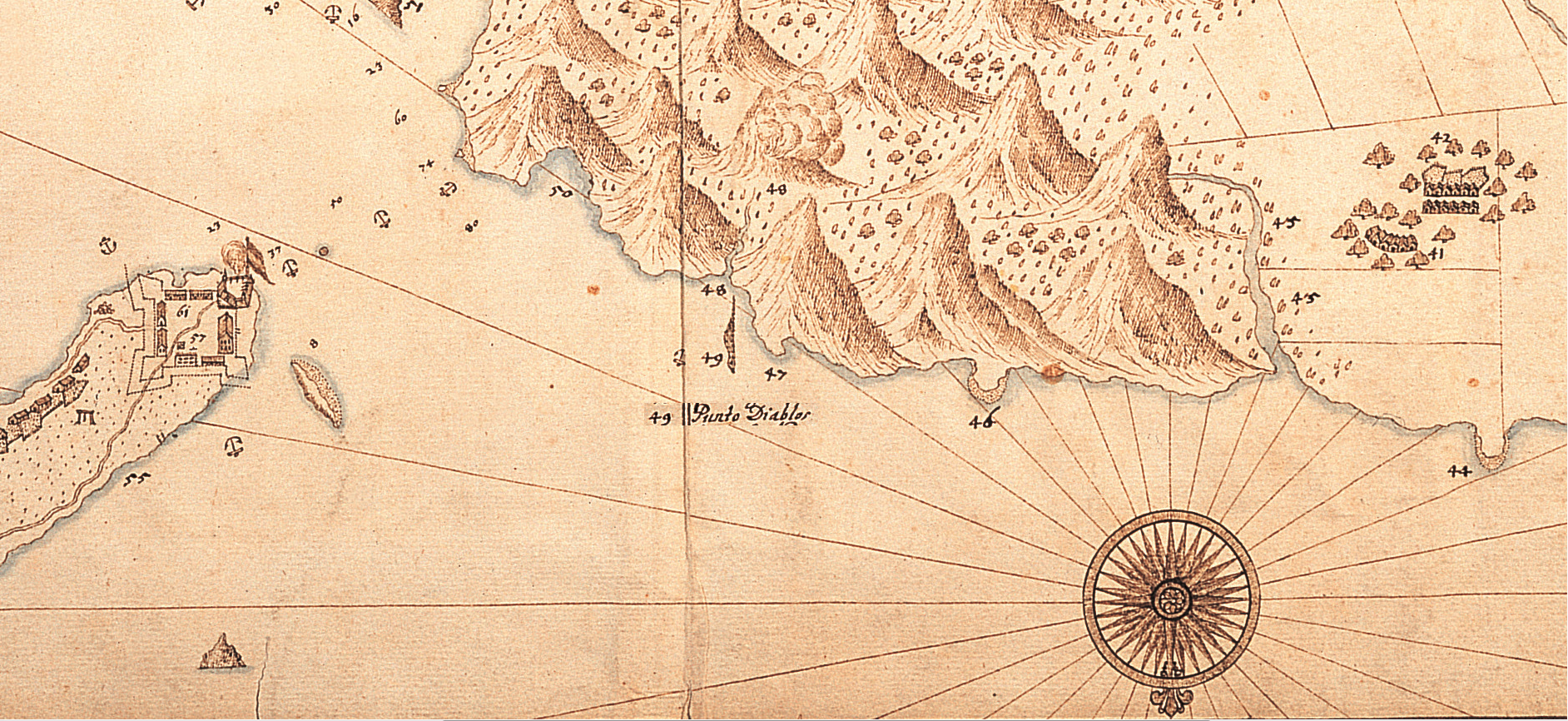 一六五四年荷蘭人繪製的《大臺北古地圖》上，編號49標示Punto Diablos（魔鬼角）。