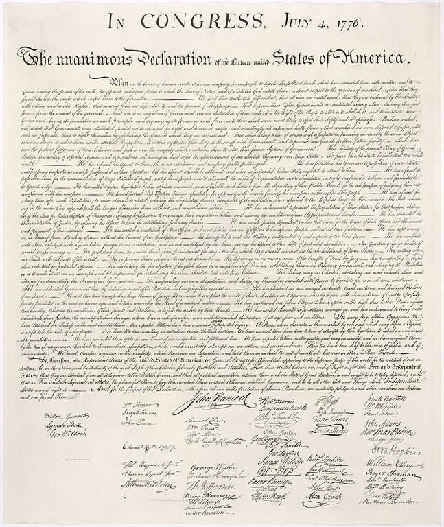 美國獨立宣言，1776.07.02簽署，1776.07.04在費城獲得大陸議會批准。圖片來源：Wikimedia Commons