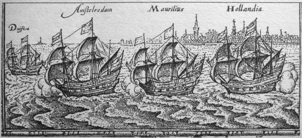 1595年的第一艦隊（Bali Chronicle by Willard Hanna, 17th century artist）（圖片來源：wikimedia: Fleet of Cornelis de Houtman）