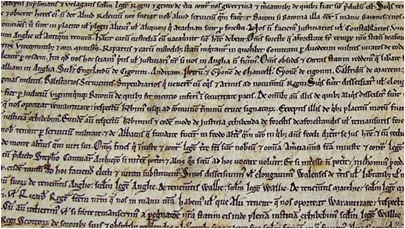 1215年約翰國王與反叛貴族簽署的和平協定是以拉丁文寫在獸皮上。它在1217年重新發表時更名為《大憲章》。