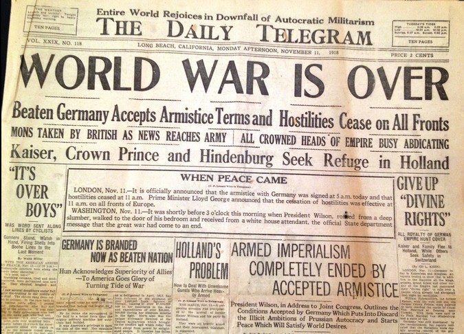 1918年11月11日，英國每日電報頭條：第一次世界大戰結束了。 （圖片來源：revisionworld.com）