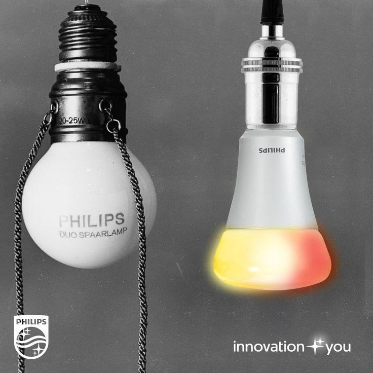 從沒有個性，到個性十足：左邊為飛利浦發明的第一顆節能燈泡（1928年），右邊是可以透過手機控制十萬種顏色的飛利浦智慧燈泡Hue（2013年） （來源：飛利浦官網）