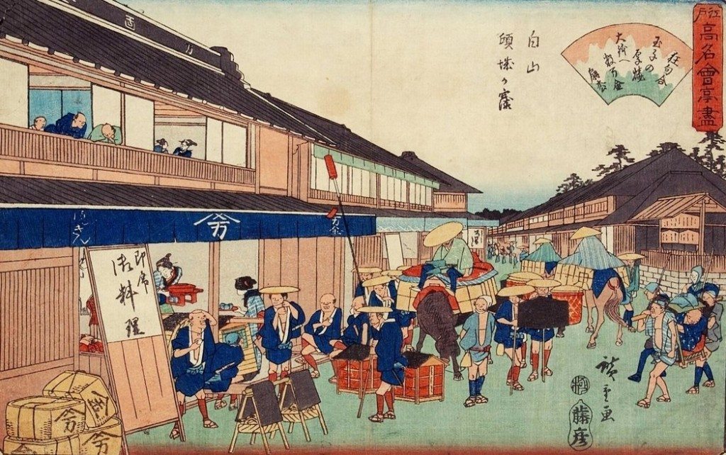 江戶由於人口大量集中，是當時最大的消費中心，經濟發展快速，庶民文化也相當活潑，其中與所有人都息息相關的就是飲食。 圖／歌川広重（1797-1858），〈江戸高名會亭盡〉，東京都立図書館藏。