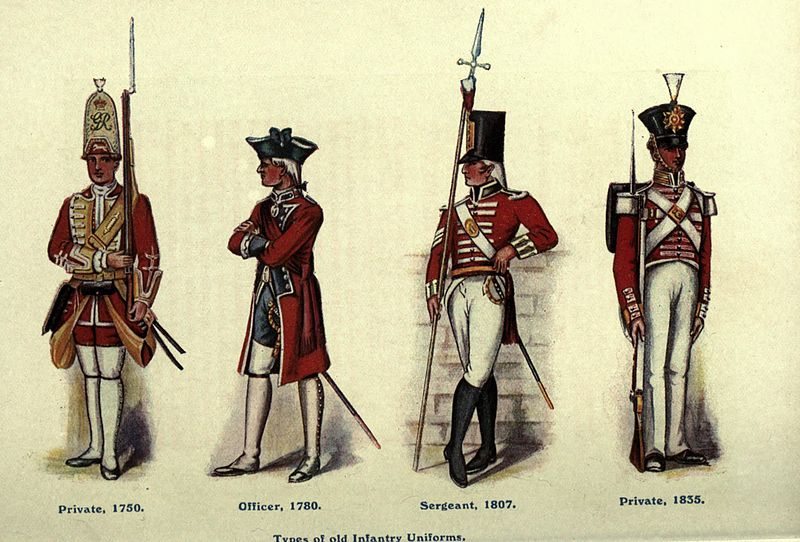 18至19世紀英國陸軍步兵軍服樣式。來源：維基百科。