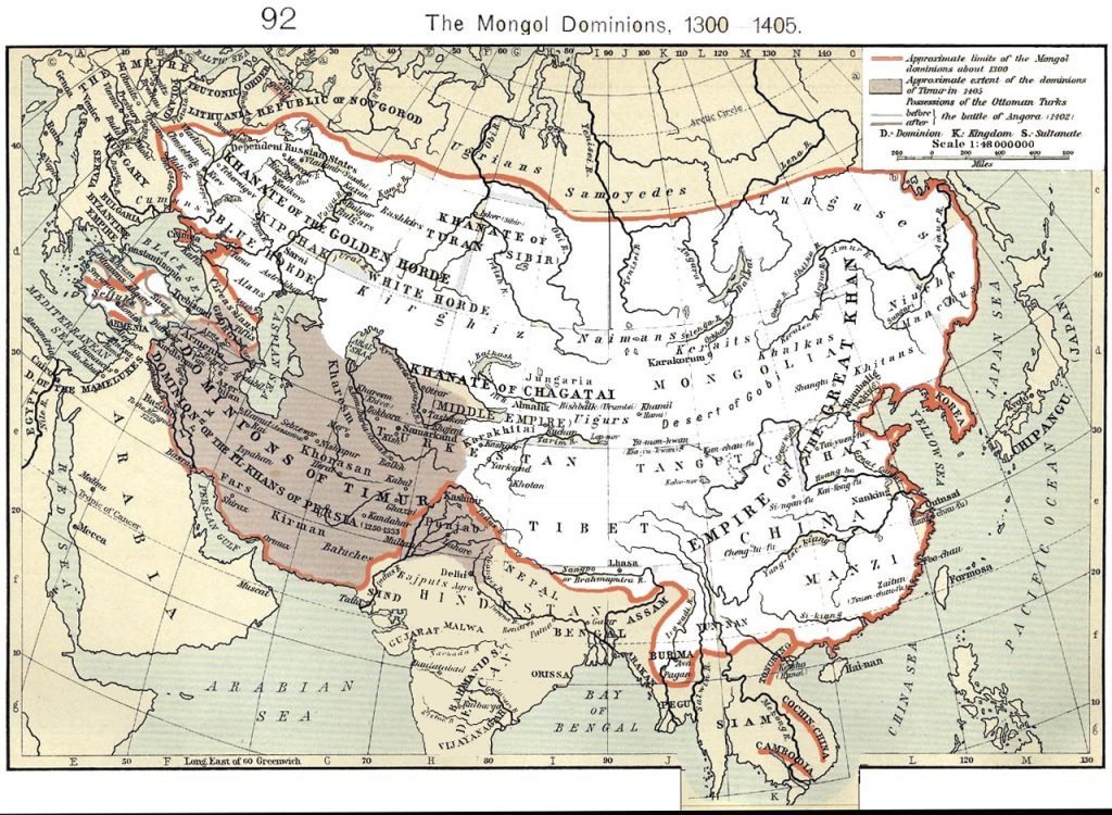 1300年以後元朝及其汗國的大致版圖。其中西亞深灰色部分為後來後蒙古勢力建立的帖木兒帝國。