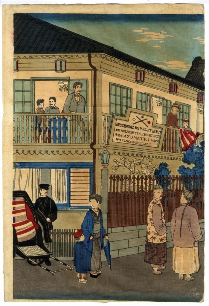 《東京小網町鎧橋通吾妻亭》，明治21年（1888），井上探景（Inoue Tankei, 1864-1889）畫。 牛奶等西洋飲食，在當時被視為文明開化的象徵，街上可見賣牛奶的小販。