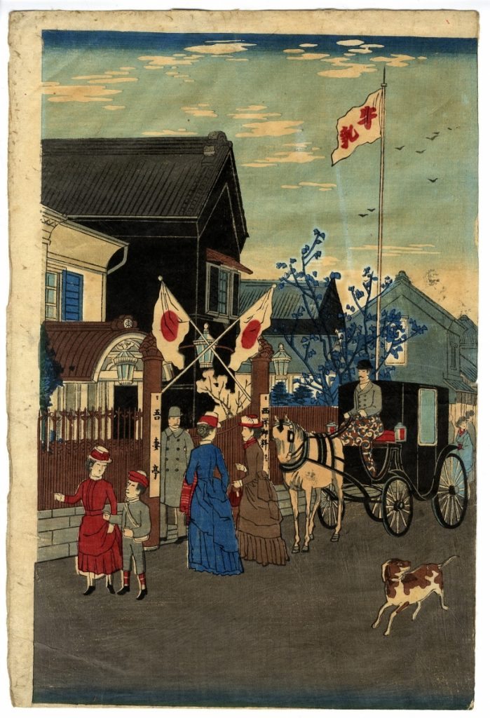 《東京小網町鎧橋通吾妻亭》，明治21年（1888），井上探景（Inoue Tankei, 1864-1889）畫。 牛奶等西洋飲食，在當時被視為文明開化的象徵， 街上可見賣牛奶的小販。