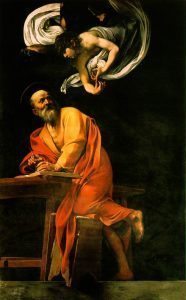 聖馬太受上帝啟發，寫下〈馬太福音〉。(Caravaggio, 17th century) 來源：https://goo.gl/dLclcl 