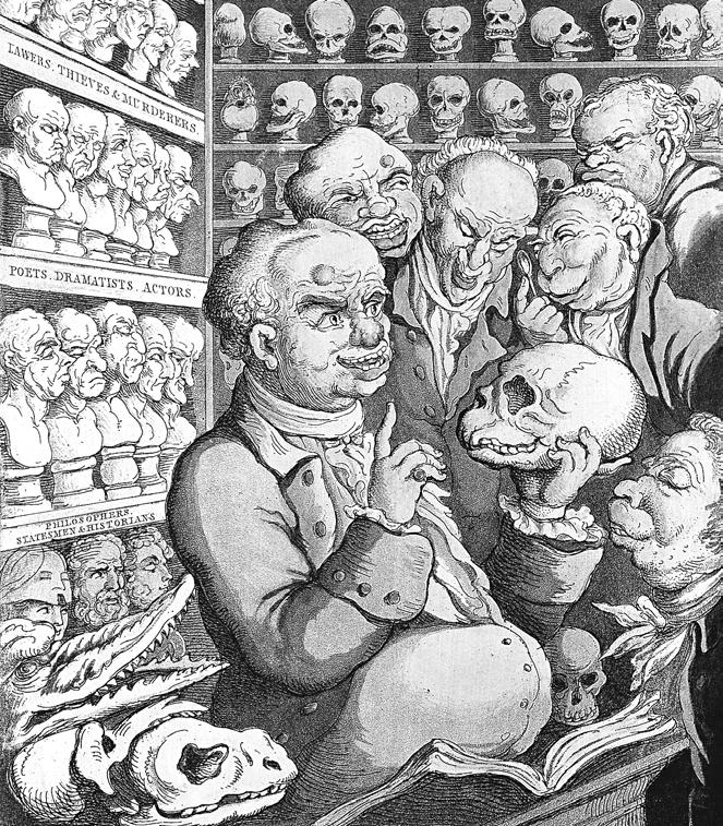 法蘭茲．約瑟夫．嘉爾在他存放大量頭顱及人頭模型的典藏室引導五名同僚進行顱相學研討。一八○八年。