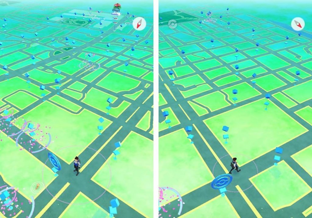 Pokémon Go 的介面，把街道的感覺強化了，所以從這裡很容易感受街廓的形狀。在這裡可以看到兩邊不同感覺的街道：站在中國城來看這附近的街道，左邊是往東邊看，有個圓環就是小西門圓環，那裡是舊城區傳統街廓，有各種自然延伸發展而成的綿密小街網。但從右邊看，就是整齊的棋盤式街道，這裡是日治時期整理城西地帶所規劃的新町、田町市街。 