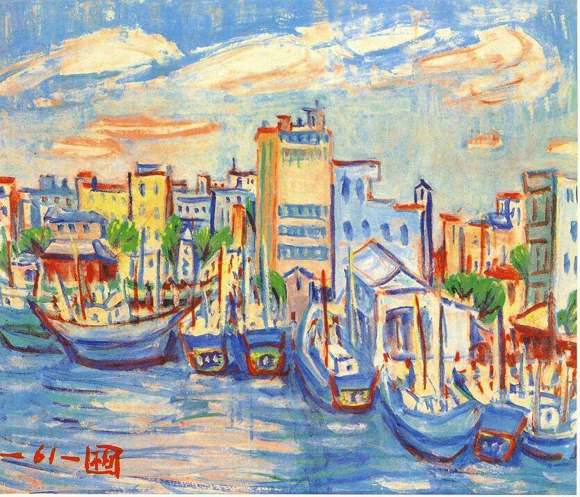 台南畫家郭柏川教授在1971年的油彩作品，描繪了船隻停靠在魚市場前的熱絡景象。魚市場的建築，以及碼頭尾端的方尖碑，依然可見。 