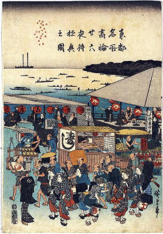 浮世繪「東都名所高輪廿六夜待遊興之図」裡面賣壽司的路邊攤。